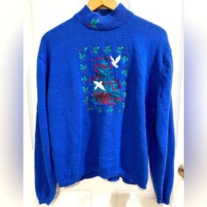 VTG Southern Lady Royal Blue Knit Holiday Dove Ribbon Holly Sweater Ramie Cotton